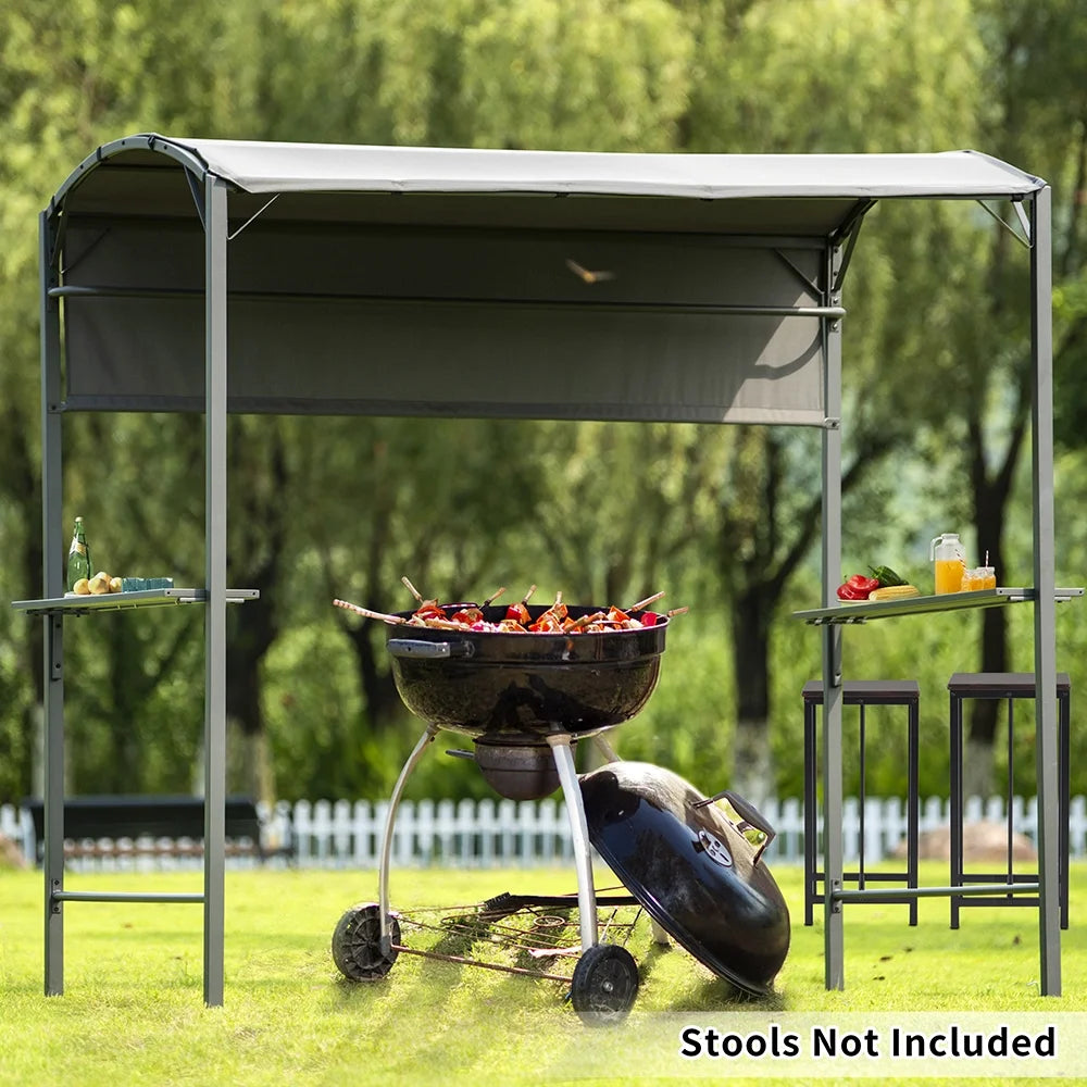 7FT Grill Gazebo BBQ Canopy with Sun Shade Panel Side Awning, 2 Exterior Serving Shelves Bar Counters, 10 Hooks I5961