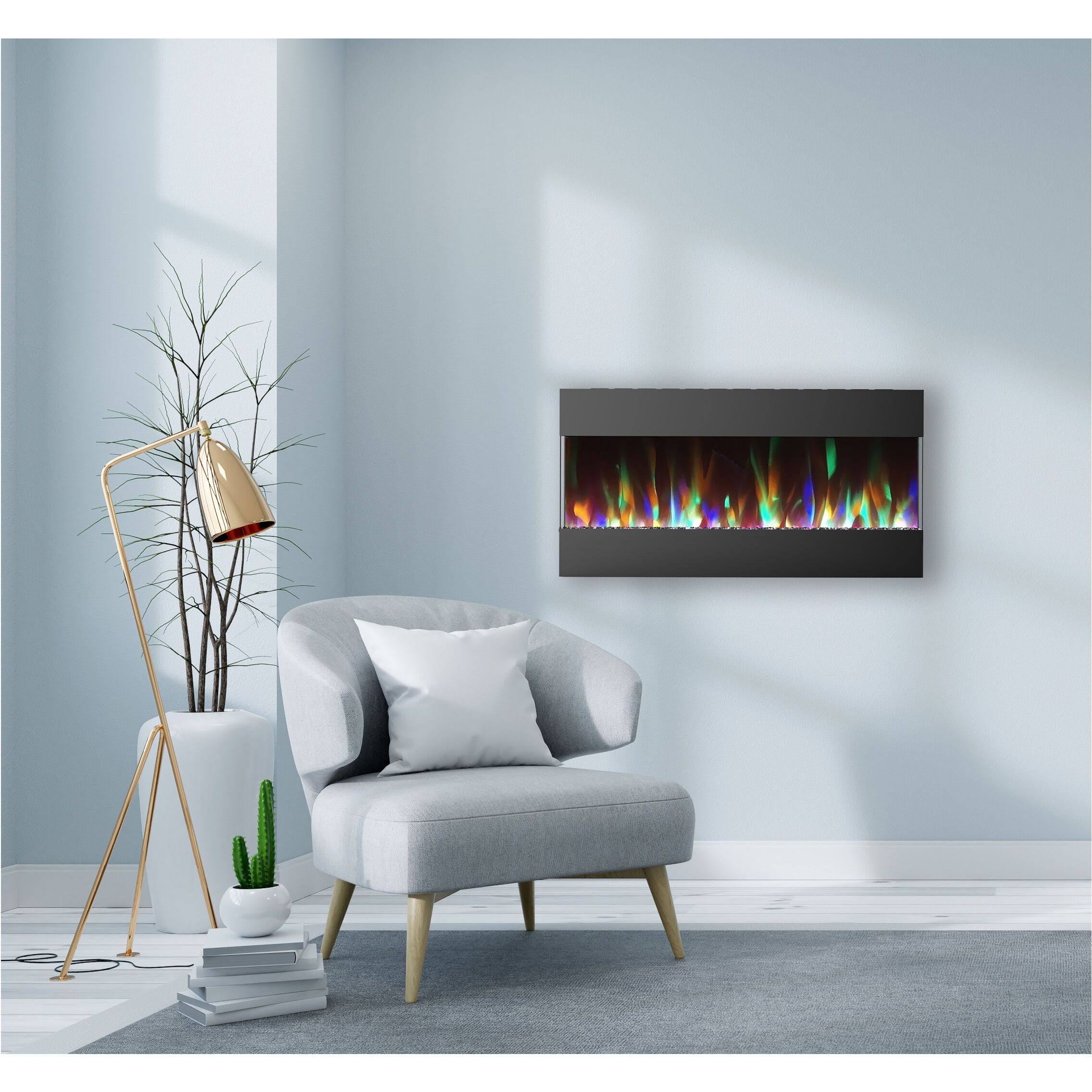 Recessed Wall Mounted Electric Fireplace with Crystal and LED Color Changing Display, Black S992