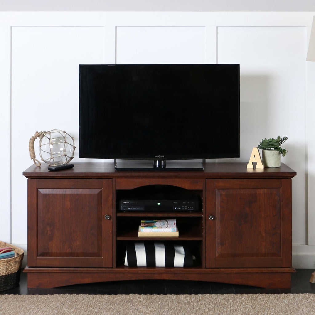 Black 42 Inch Wood TV Stand with Cabinet Doors and Open Shelves D5301
