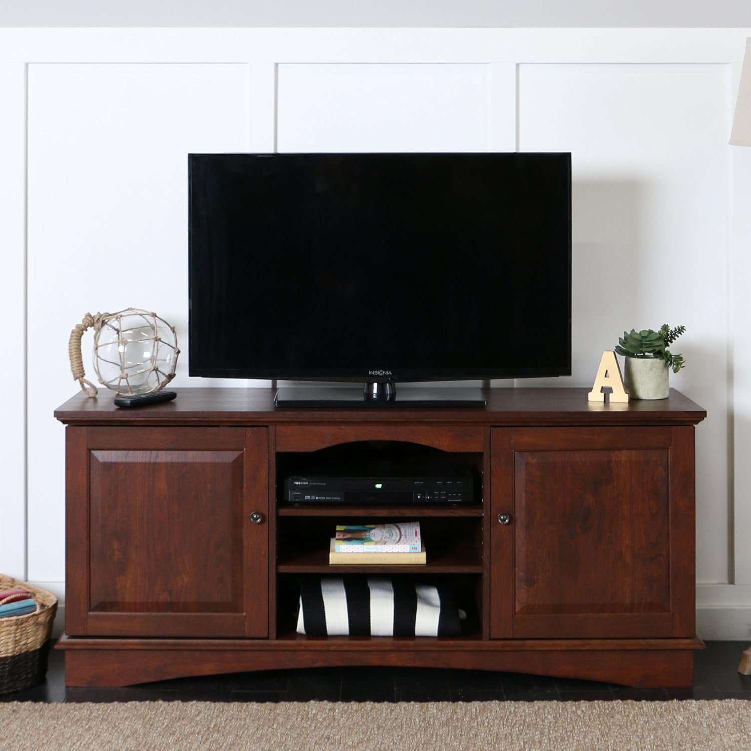 Black 42 Inch Wood TV Stand with Cabinet Doors and Open Shelves D5301