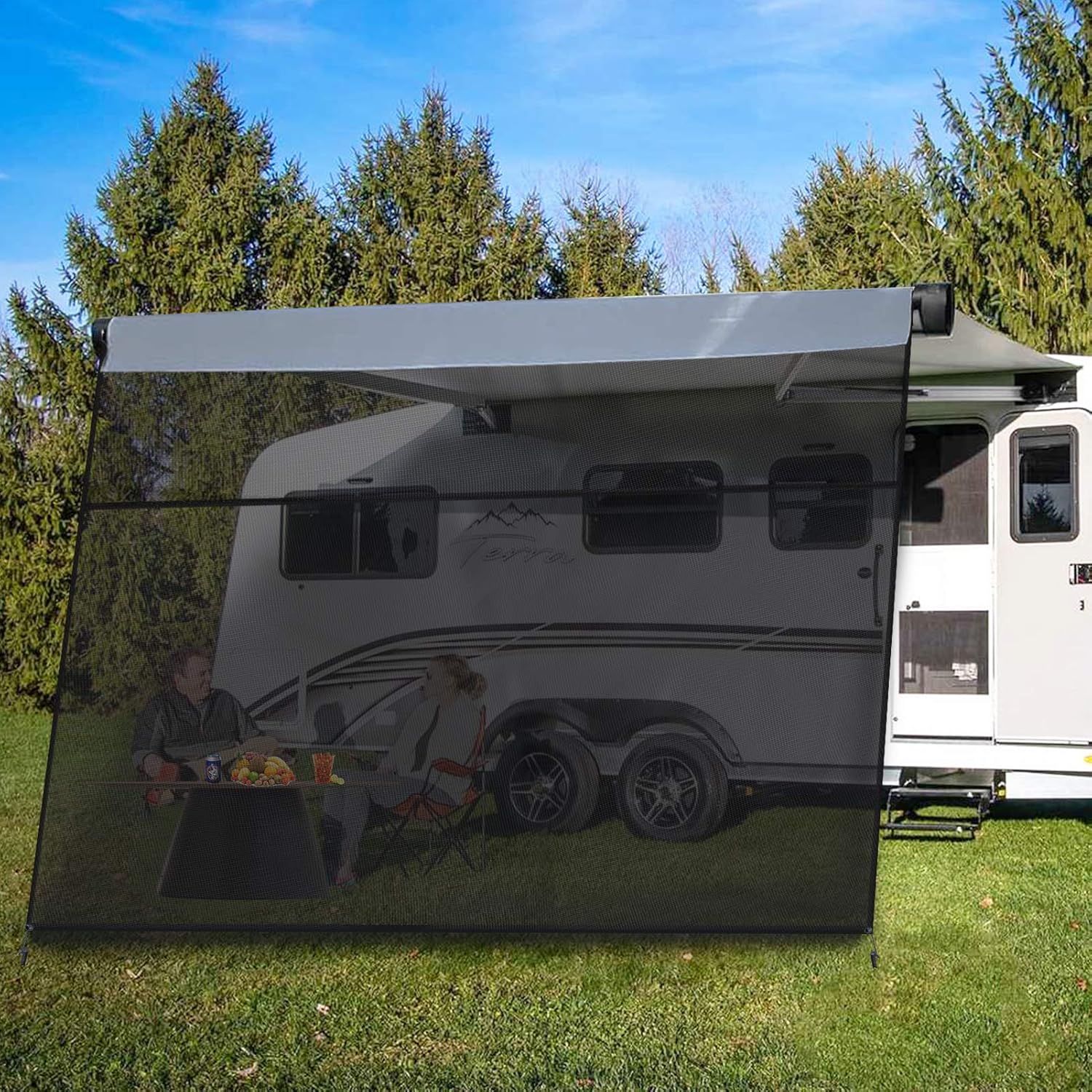 RV Awning Side Shade Black Mesh Screen Sunshade UV Sun Blocker Complete Kits Y586