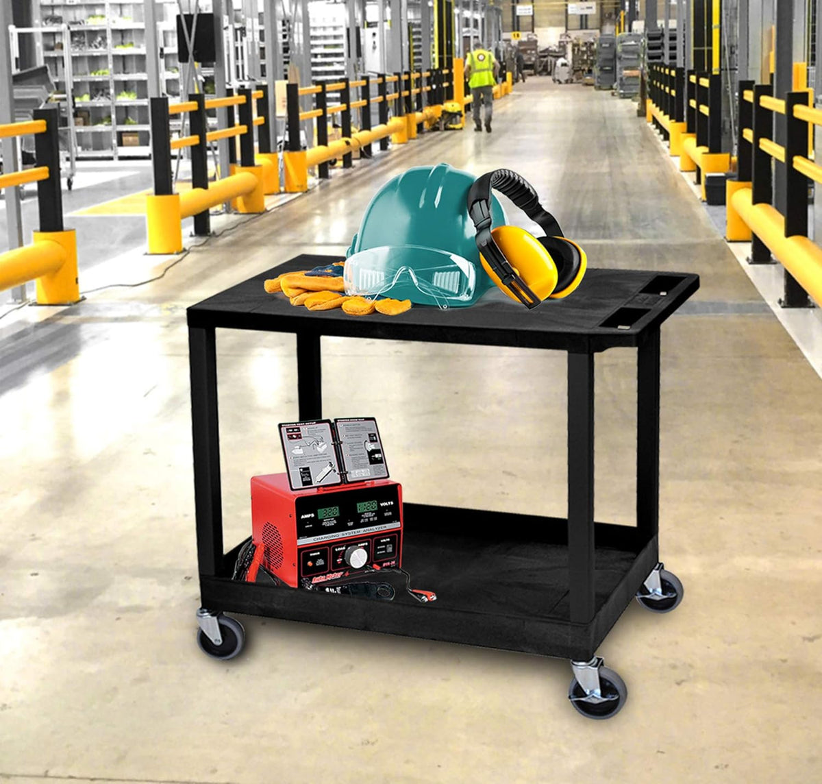 Black Mobile Heavy-Duty Utility Cart with One Tub and One Flat Shelf G289351