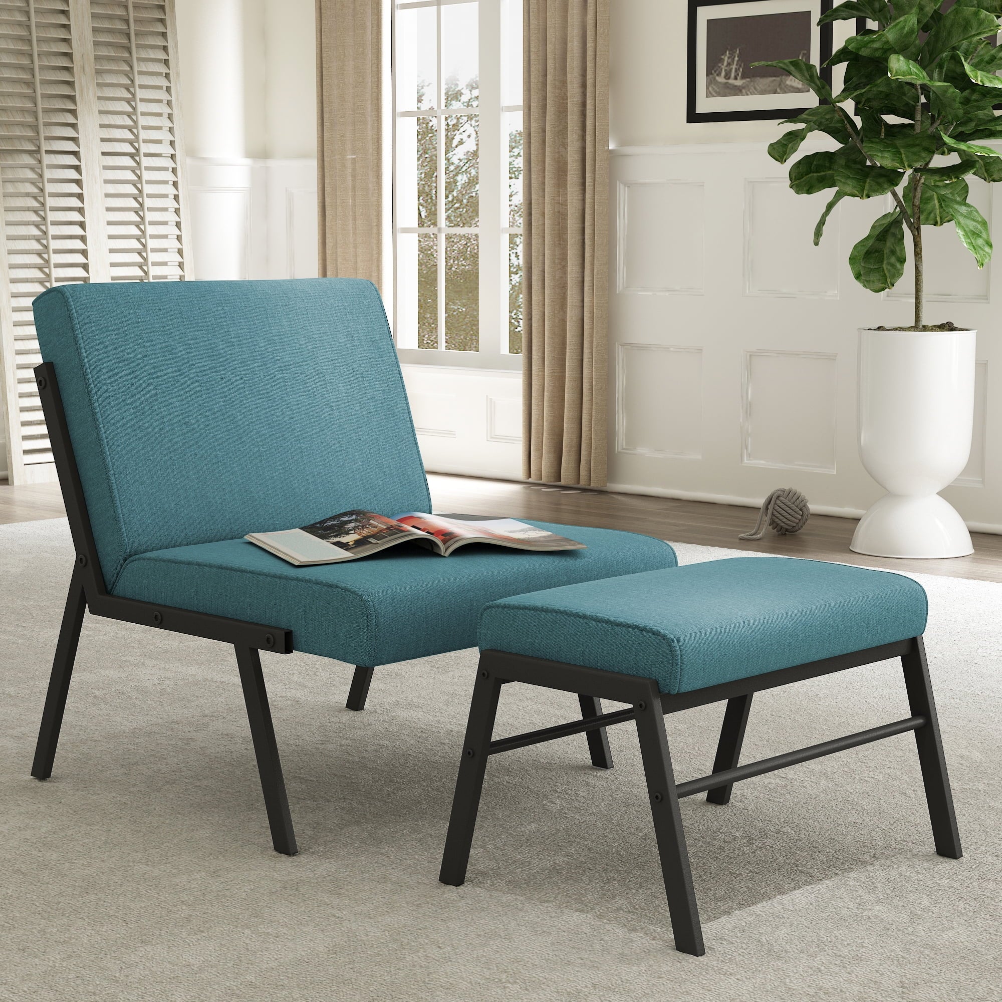 Green Linen Fabric Accent Chair with Ottoman Set W636