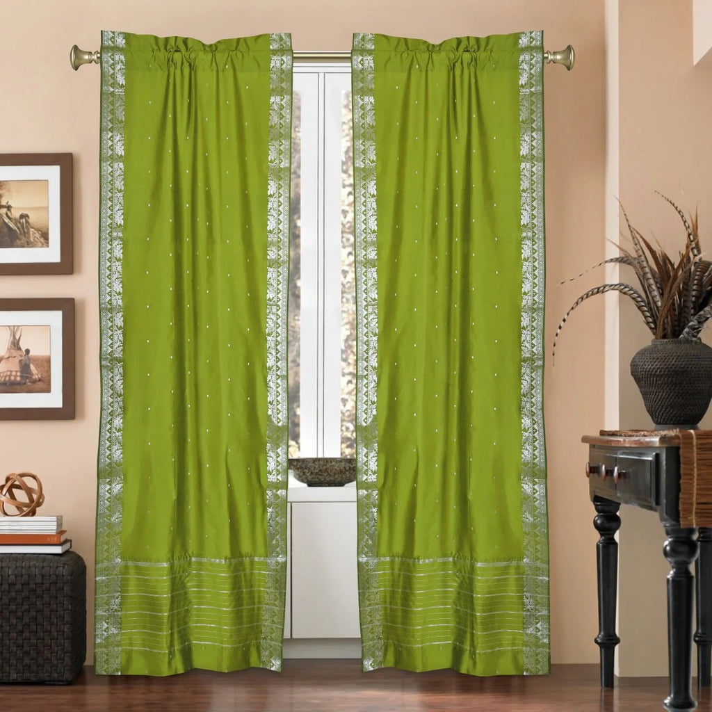 Olive Green Sheer Sari Cafe Curtains with Silver Border, 43W x 24L, Pair P93717