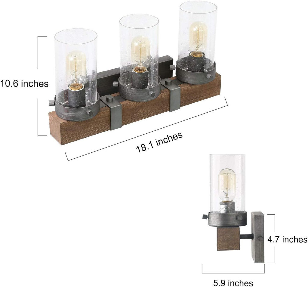 Farmhouse Rustic Bathroom Vanity Light, Wall Light Fixture 3 Lights in Wood and Cylindrical Bubbled Glass S636