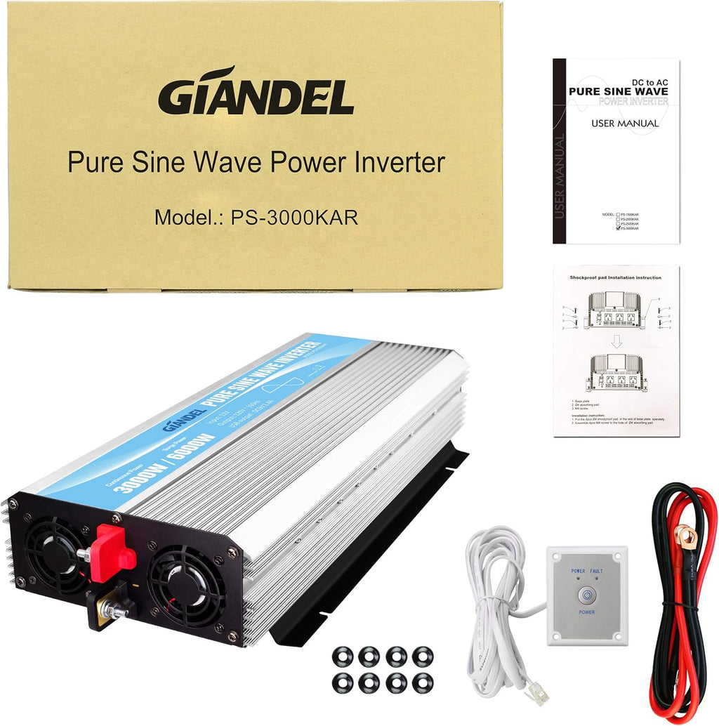 24V 3000Watt Pure Sine Wave Power Inverter DC to AC120V with Dual AC Outlets Remote Control USB LED Display J1199
