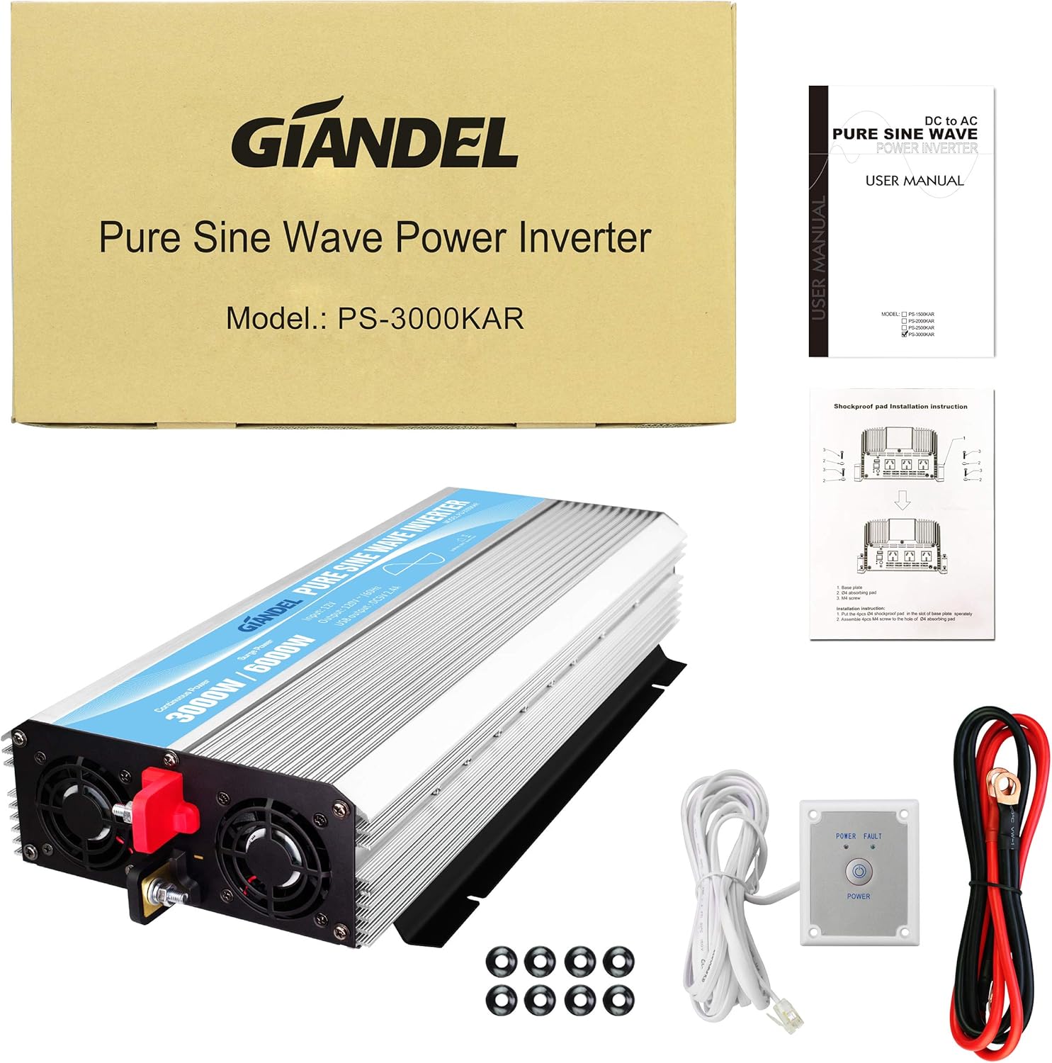 24V 3000Watt Pure Sine Wave Power Inverter DC to AC120V with Dual AC Outlets Remote Control USB LED Display J1199