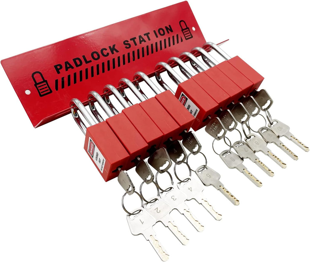Lockout Tagout Station with 10 Padlocks, 2 Hasps, 20 Tags, 20 Nylon Cables I509033