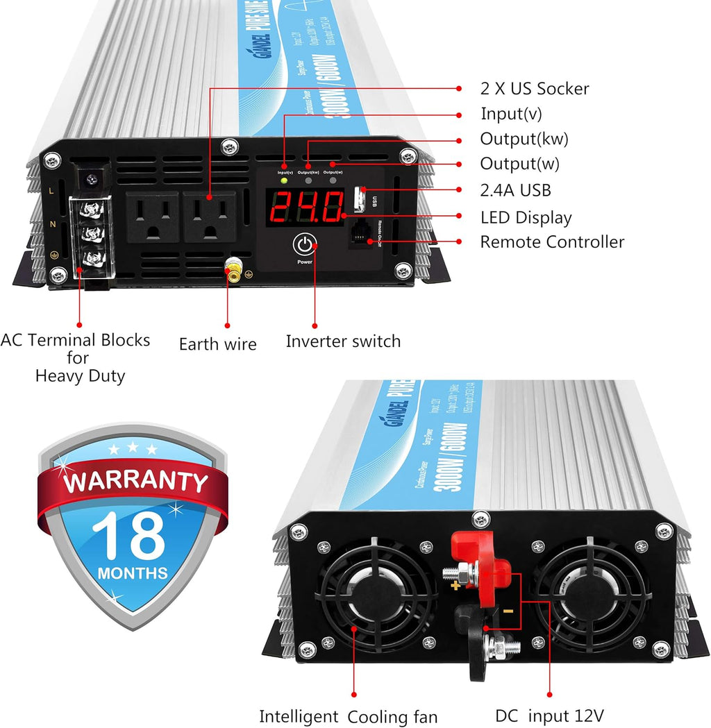 24V 3000Watt Pure Sine Wave Power Inverter DC to AC120V with Dual AC Outlets Remote Control USB LED Display J1199