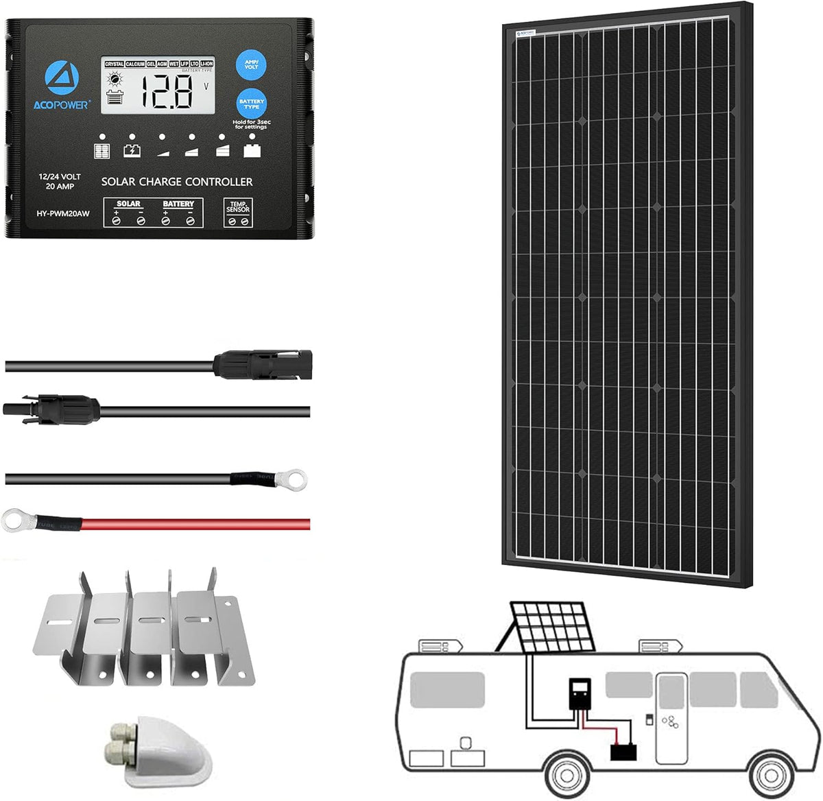 100W Monocrystalline Solar Panel Kit with 20A PWM LCD Charge Controller P829638