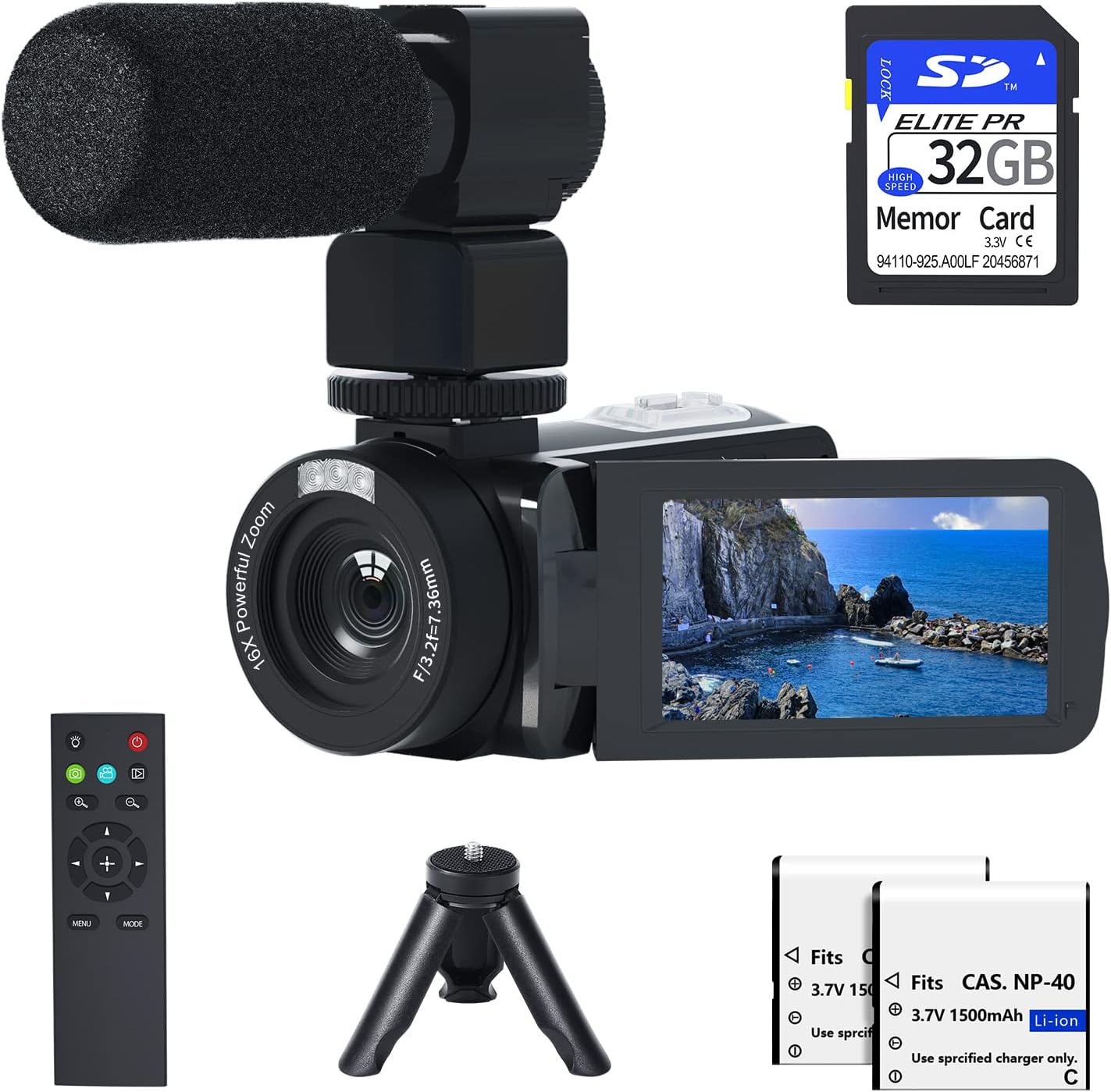 1080P 30MP Vlogging Camera Camcorder with External Microphone, Mini Tripod, 2 Batteries and 32GB SD Card A50036