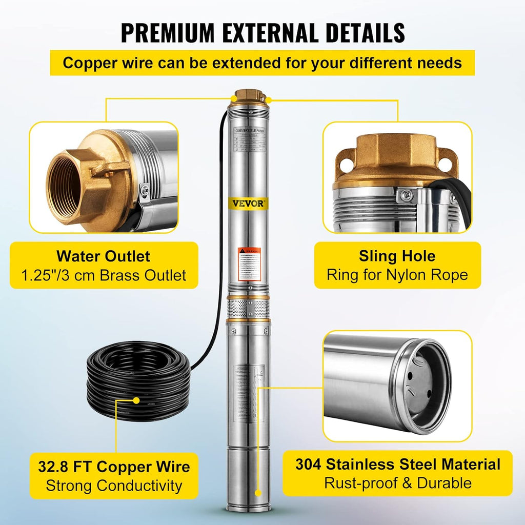 1 HP 33GPM 207ft Head Submersible Stainless Steel Well Pump H593418