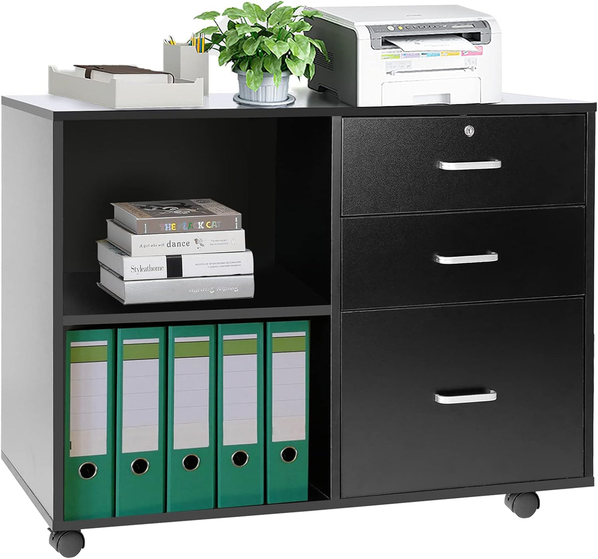 Black 3-Drawer Mobile Lateral Filing Cabinet with Rolling Lock O54256