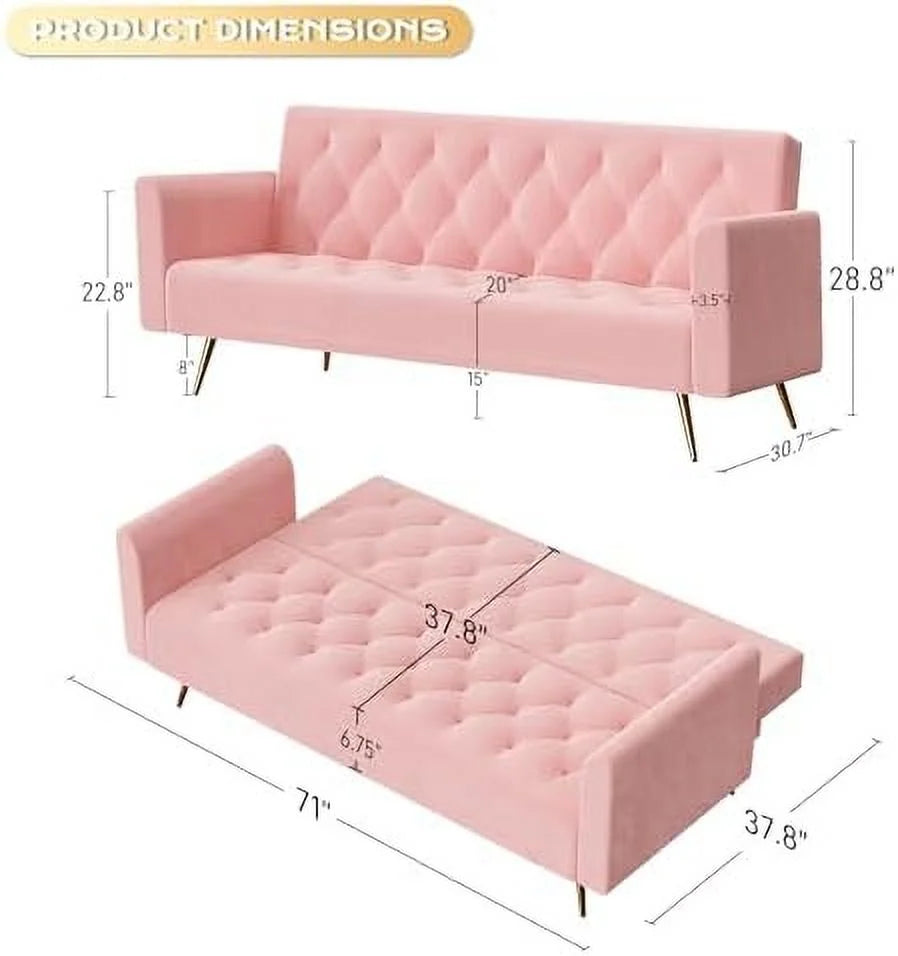 Beige Velvet Futon Sofa Bed with 2 Pillows P66280