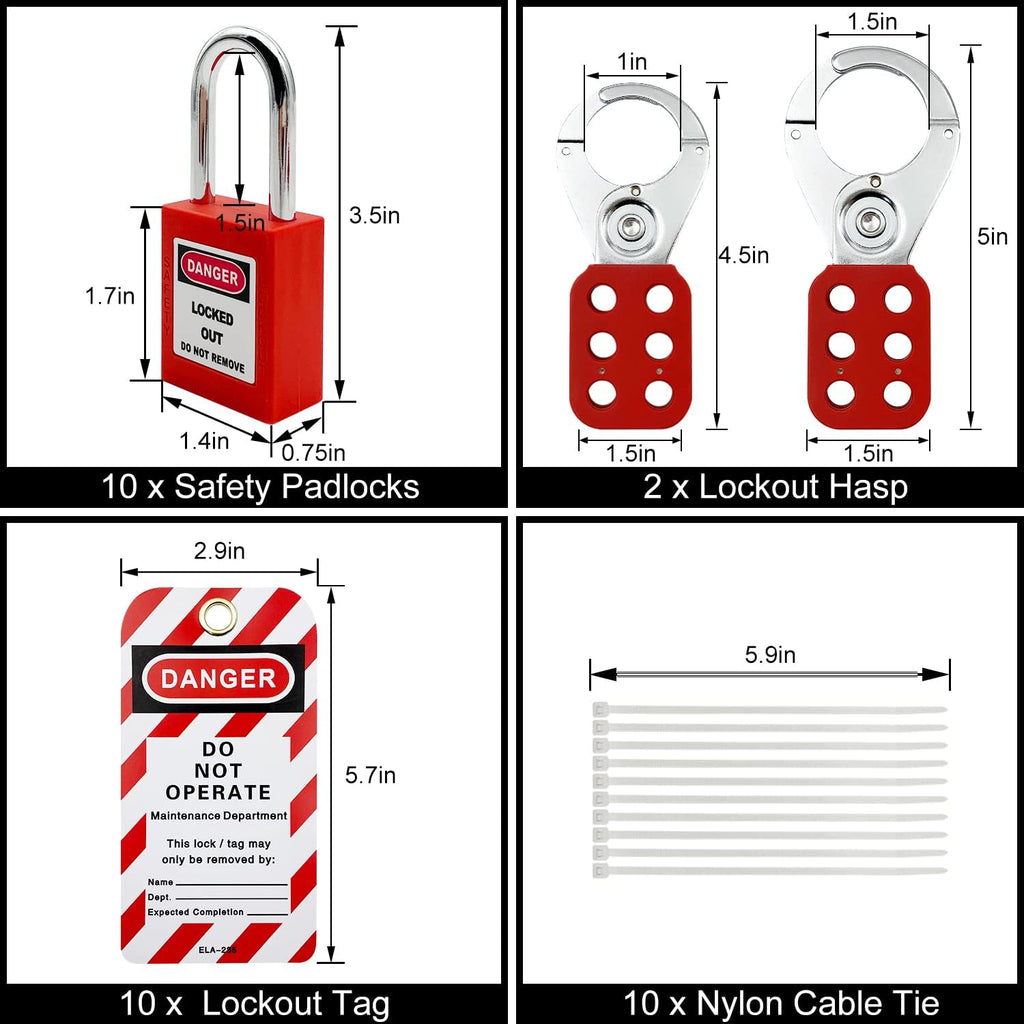 Lockout Tagout Station with 10 Padlocks, 2 Hasps, 20 Tags, 20 Nylon Cables I509033