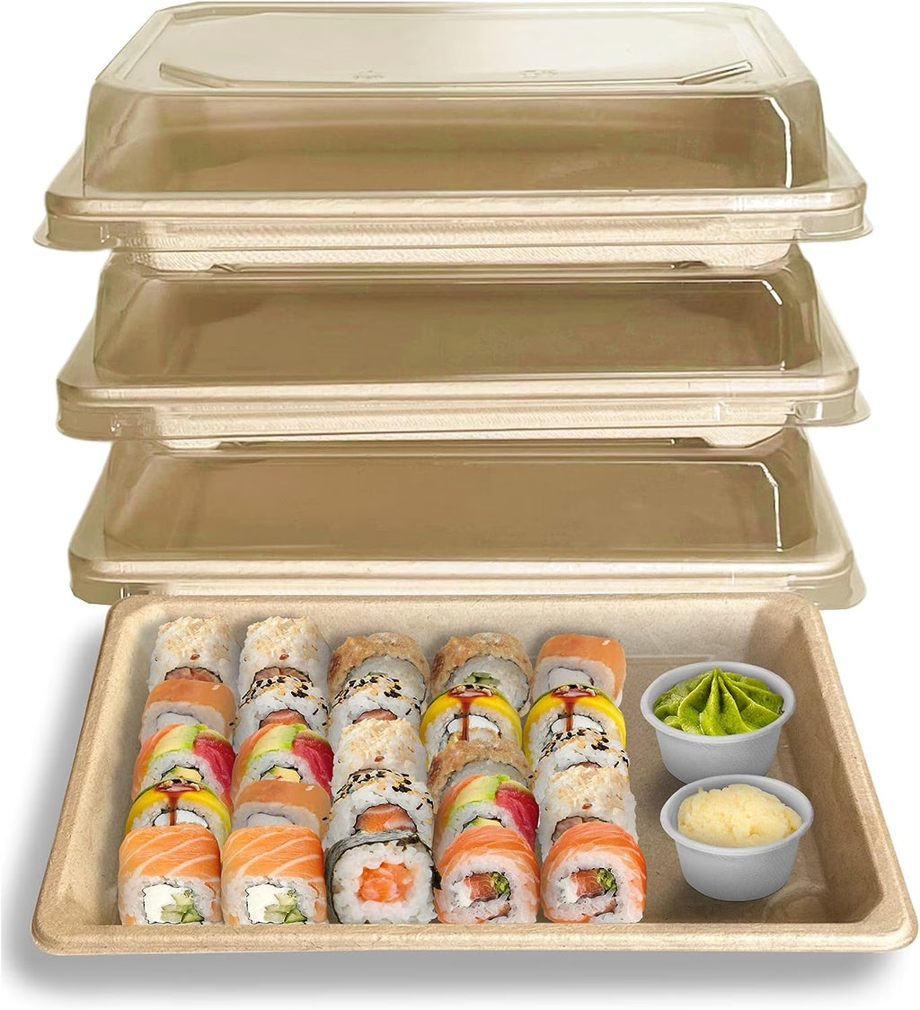100 PACK Compostable Sugarcane Sushi Trays with Lids Y4553