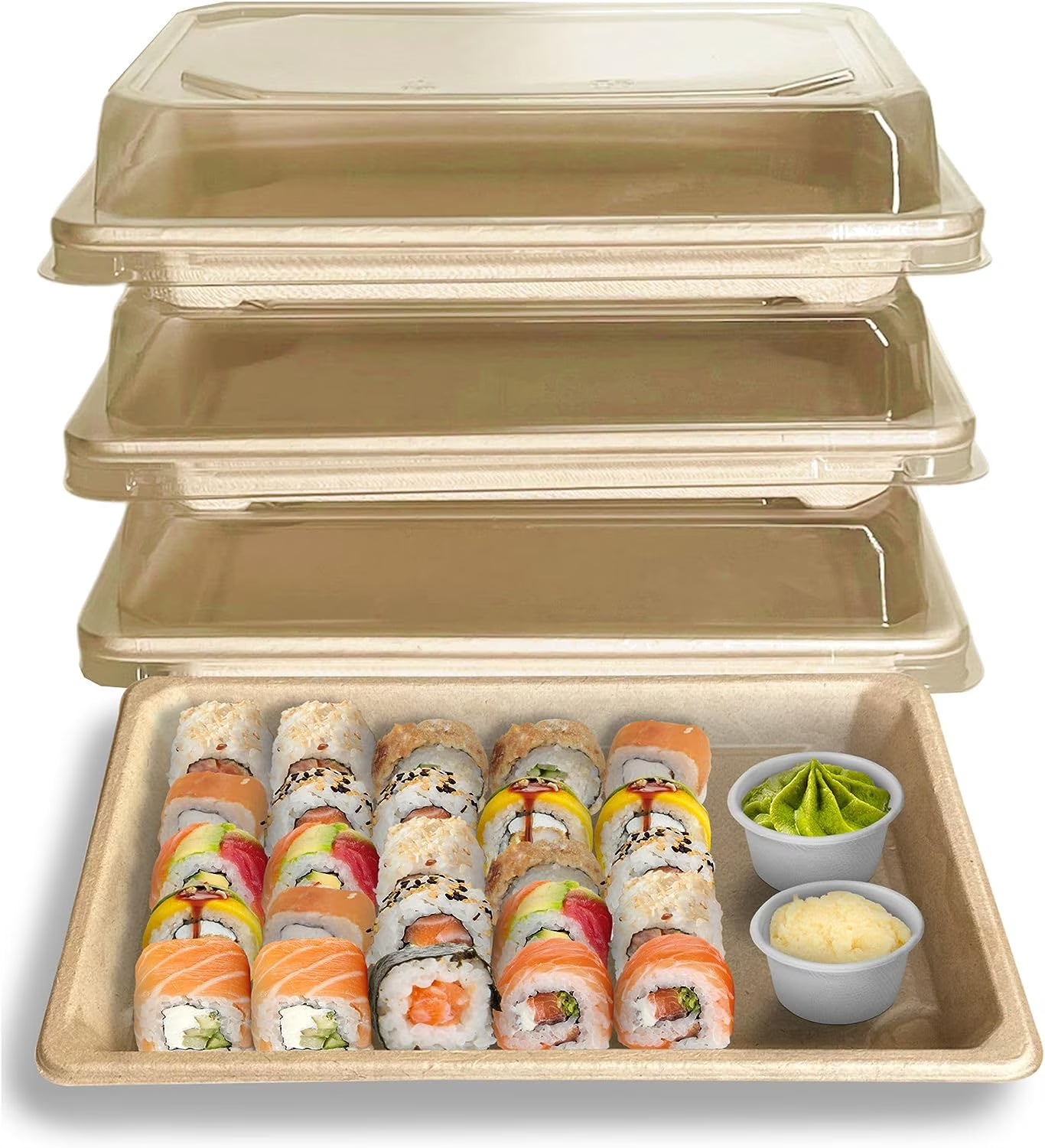 100 PACK Compostable Sugarcane Sushi Trays with Lids Y4553