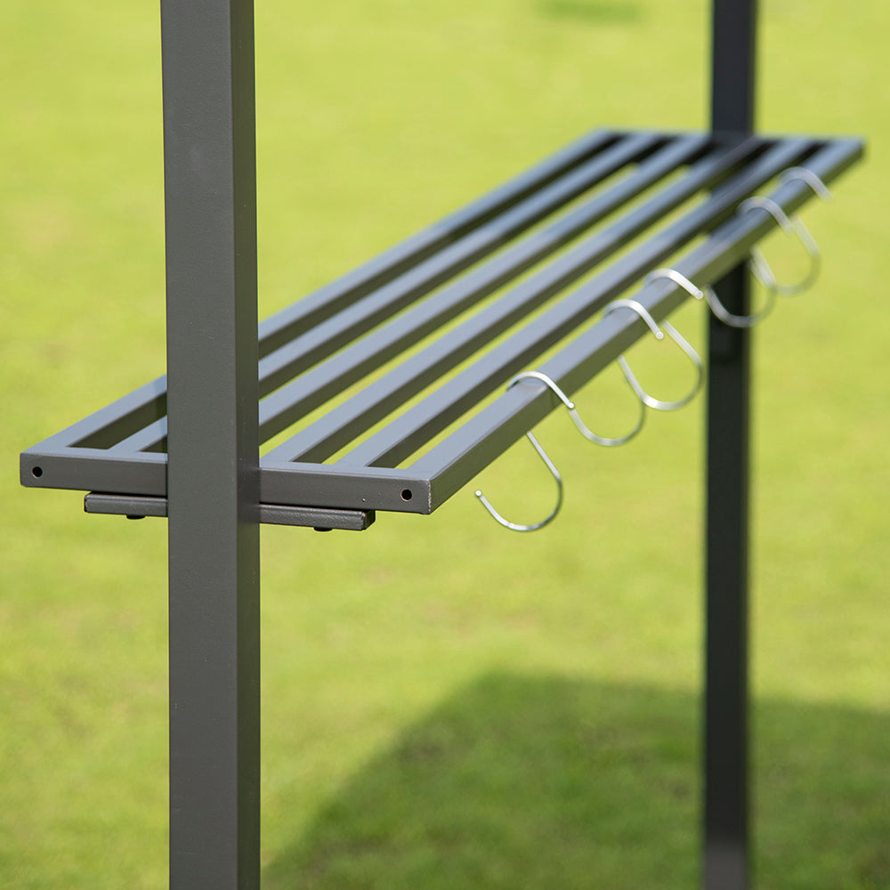 7FT Grill Gazebo BBQ Canopy with Sun Shade Panel Side Awning, 2 Exterior Serving Shelves Bar Counters, 10 Hooks I5961