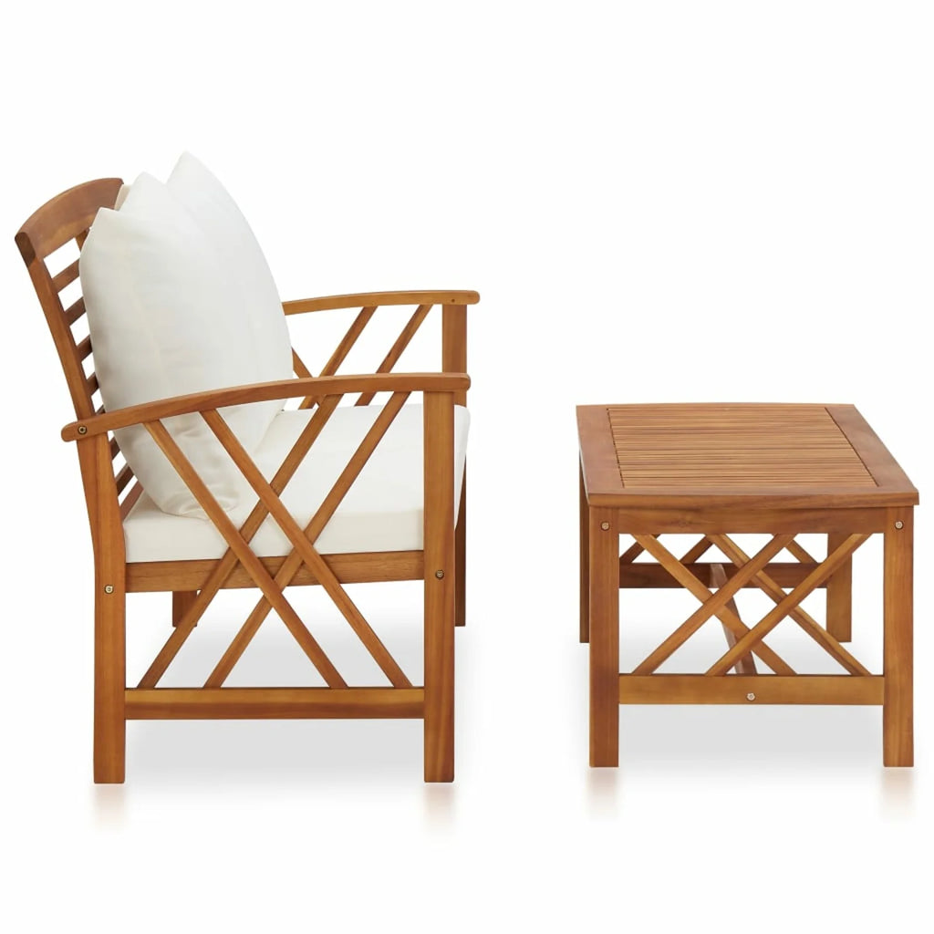 2 Piece Outdoor Conversation Set with White Cushion and Coffee Side Table Acacia Wood Sectional Sofa Set F304581