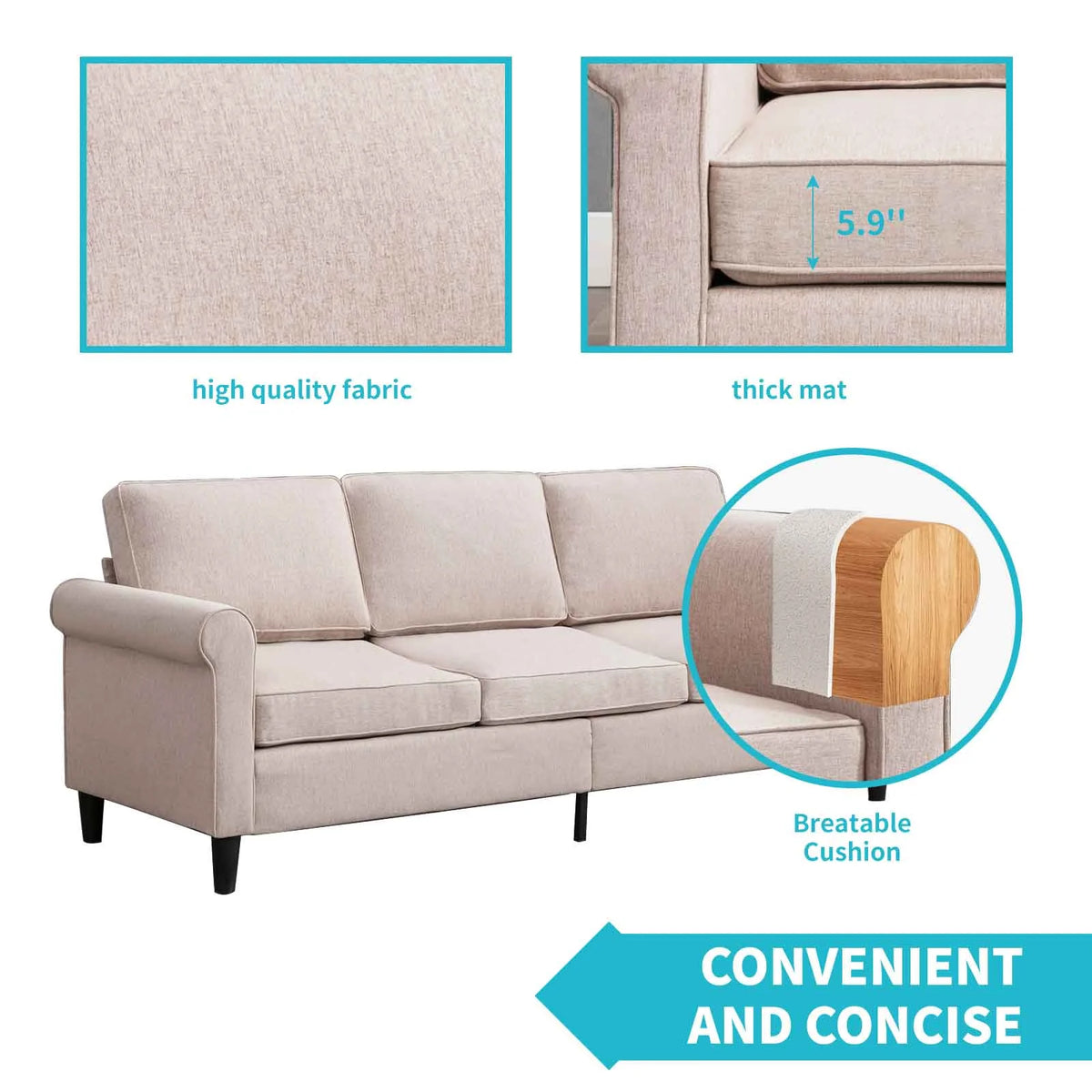 Linen Upholstered 3-Seater Sleeper Sofa with Cushion Q2808