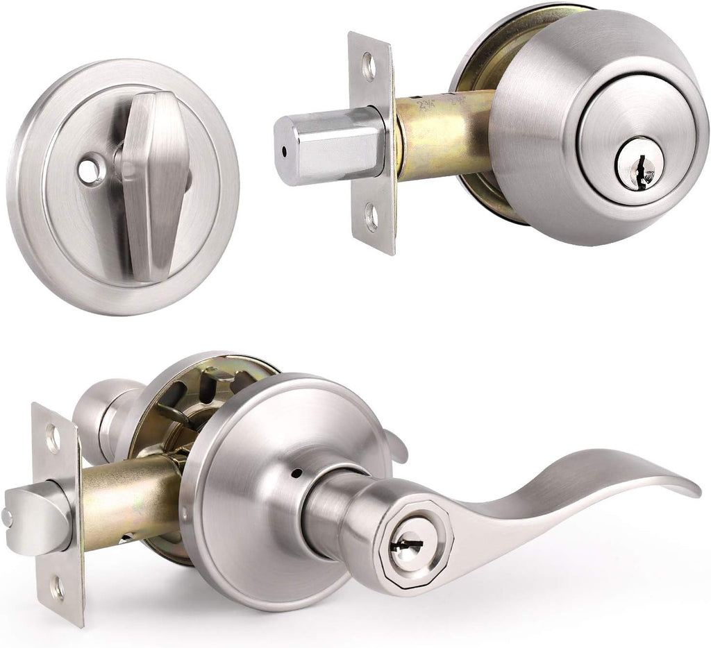 5 Pack Keyed Alike Entry Door Handles Knob with Double Cylinder Deadbolt, Satin Nickel Finish Door Lockset Q8314