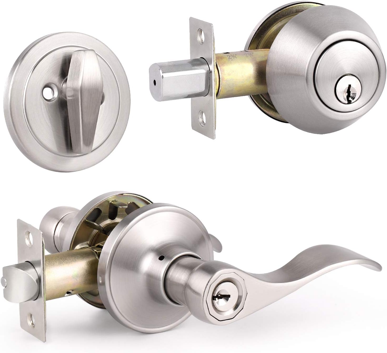 5 Pack Keyed Alike Entry Door Handles Knob with Double Cylinder Deadbolt, Satin Nickel Finish Door Lockset Q8314