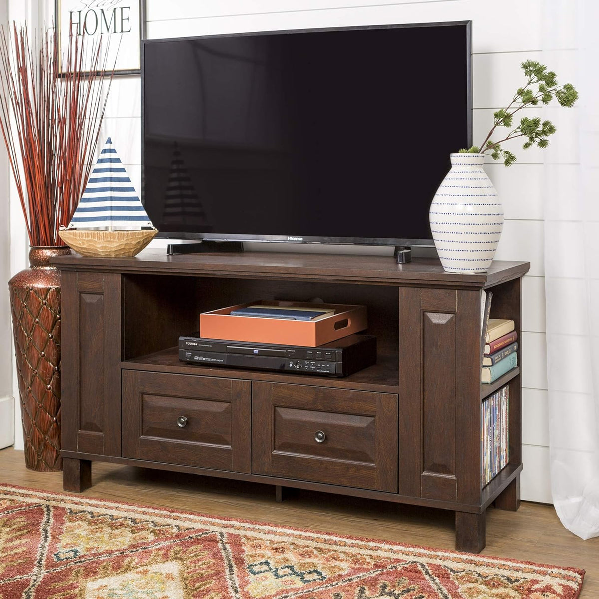 Black 42 Inch Wood TV Stand with Cabinet Doors and Open Shelves D5301