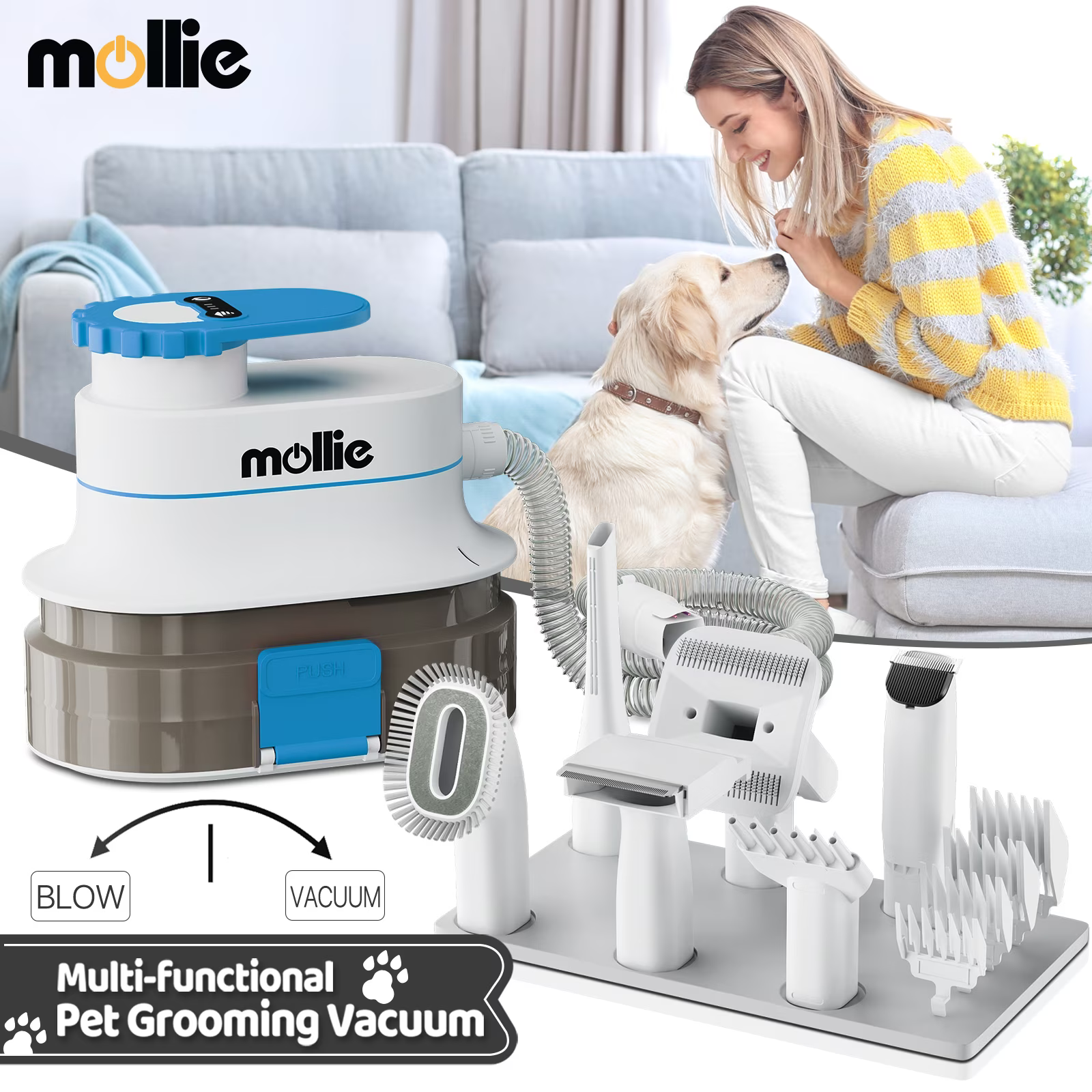 Blue 3-in-1 Pet Grooming Vacuum Kit with 6 Grooming Tools T60395