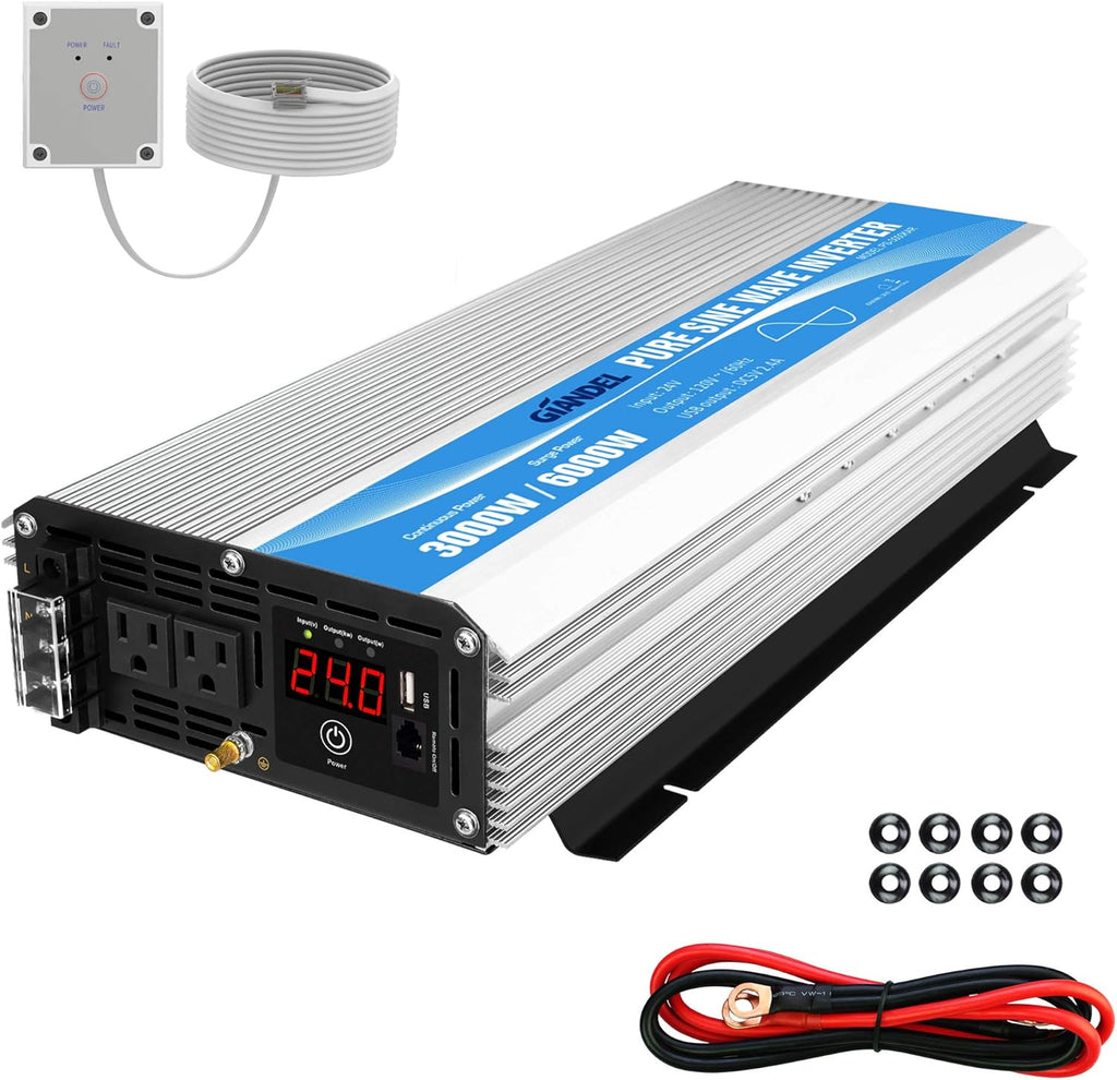 24V 3000Watt Pure Sine Wave Power Inverter DC to AC120V with Dual AC Outlets Remote Control USB LED Display J1199