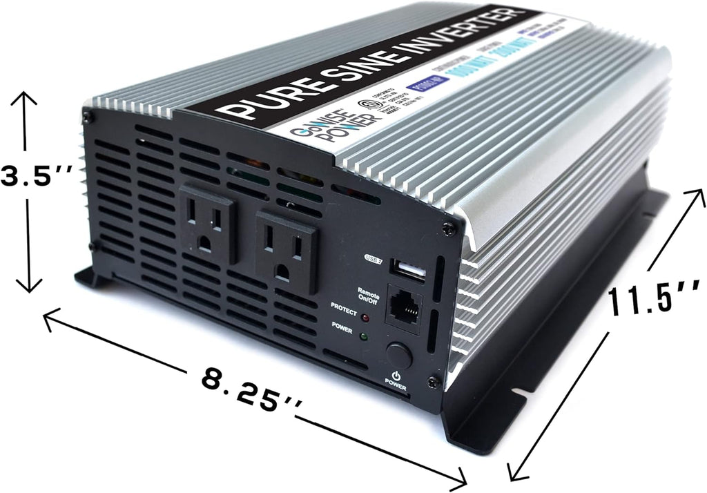 1000W Pure Sine Wave Inverter 12V DC to 120V AC with 2 AC Outlets and USB Port F63413