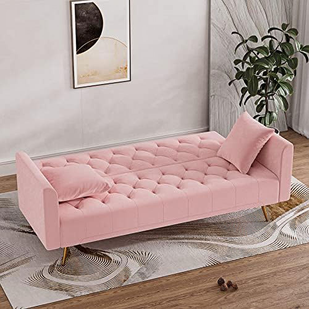 Beige Velvet Futon Sofa Bed with 2 Pillows P66280