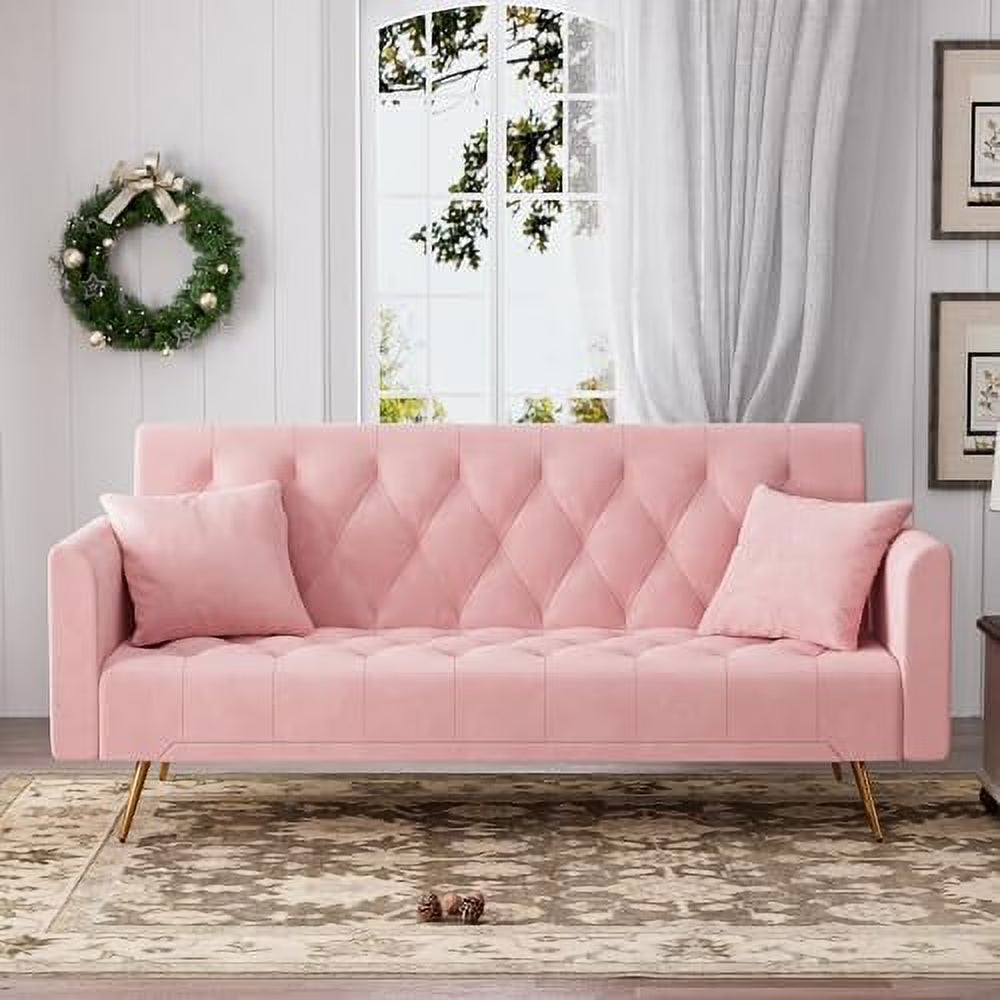 Beige Velvet Futon Sofa Bed with 2 Pillows P66280