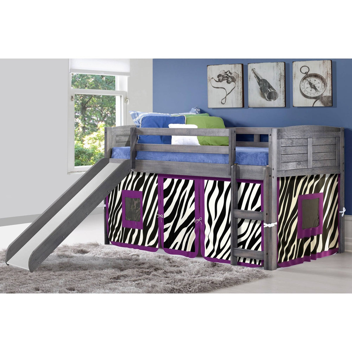 Twin Louver Low Loft with Slide and Zebra Tent Kit in Antique Grey Finish N714159