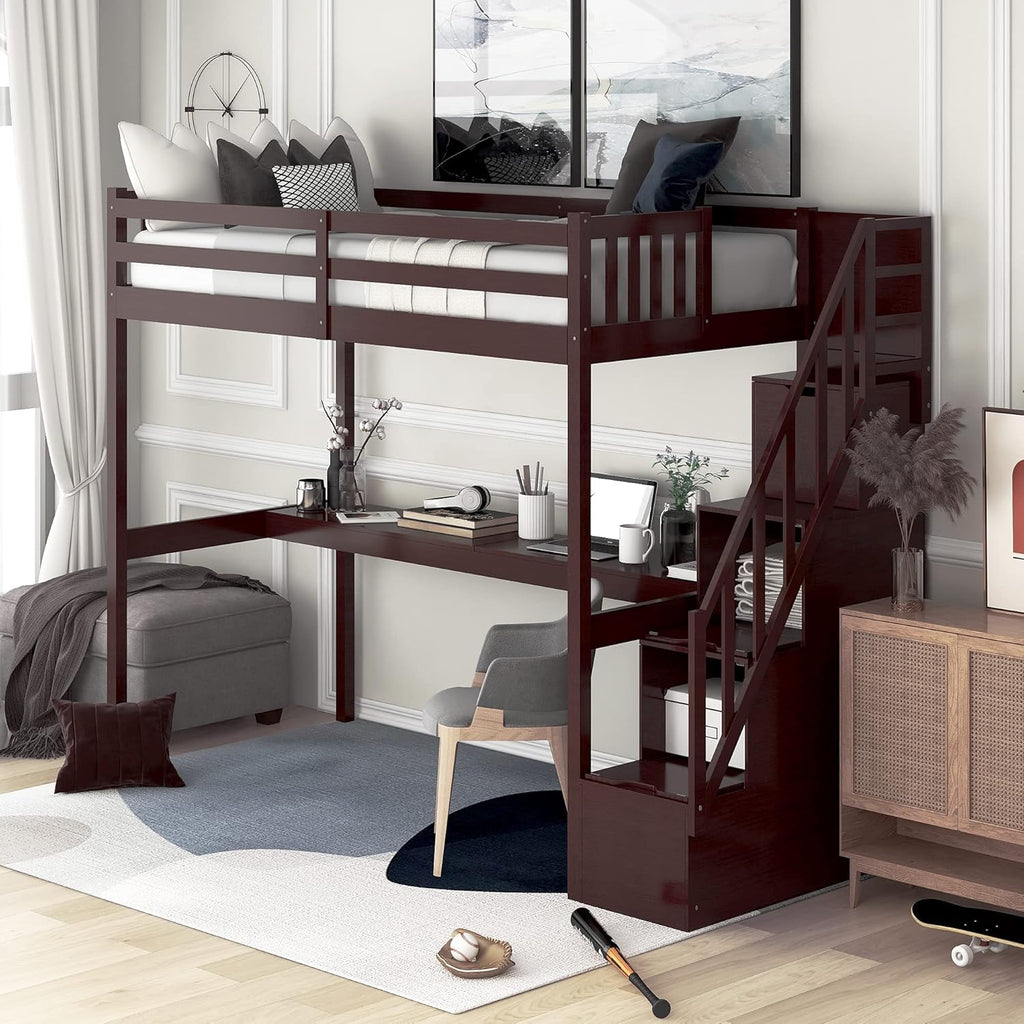 Twin Size White Loft Bed with Desk and Staircase Storage Q893763
