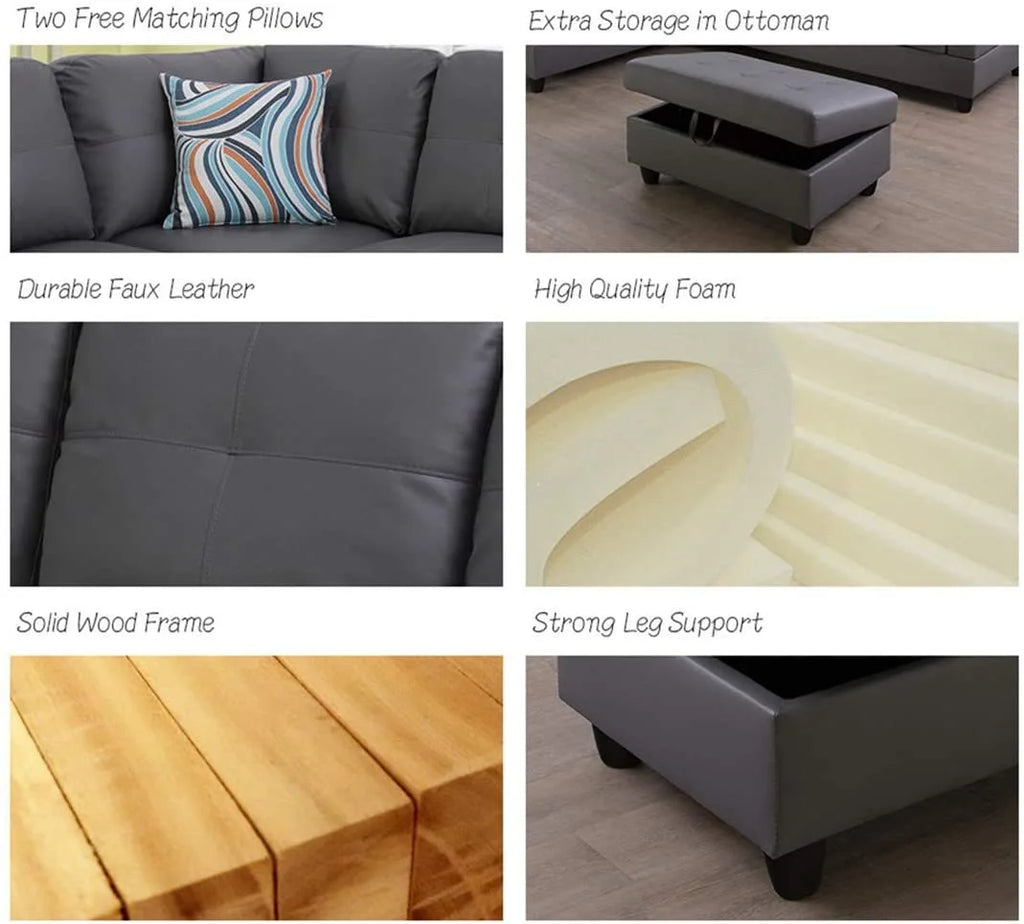 Dark Grey Faux Leather Sofa & Chaise with Ottoman E574583