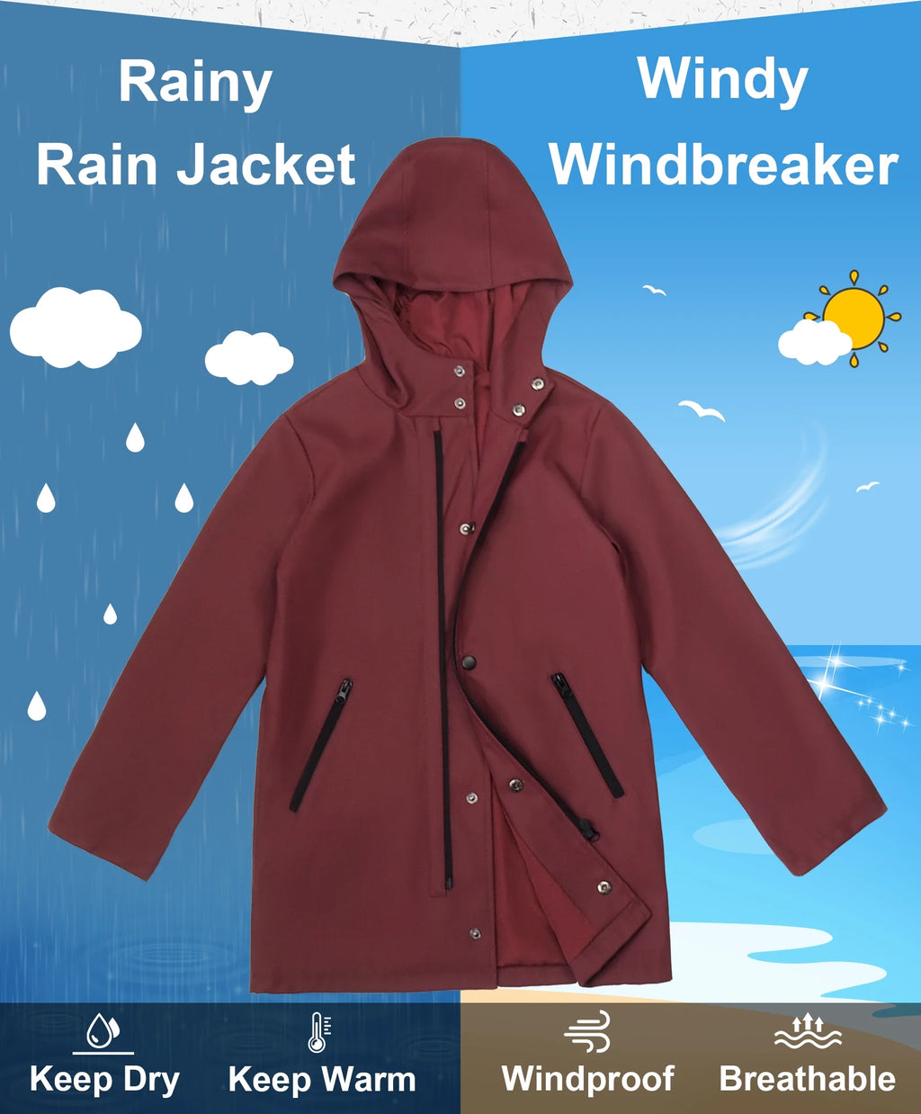Boys Lightweight Waterproof Hooded Cotton Lined Rain Jacket T372655