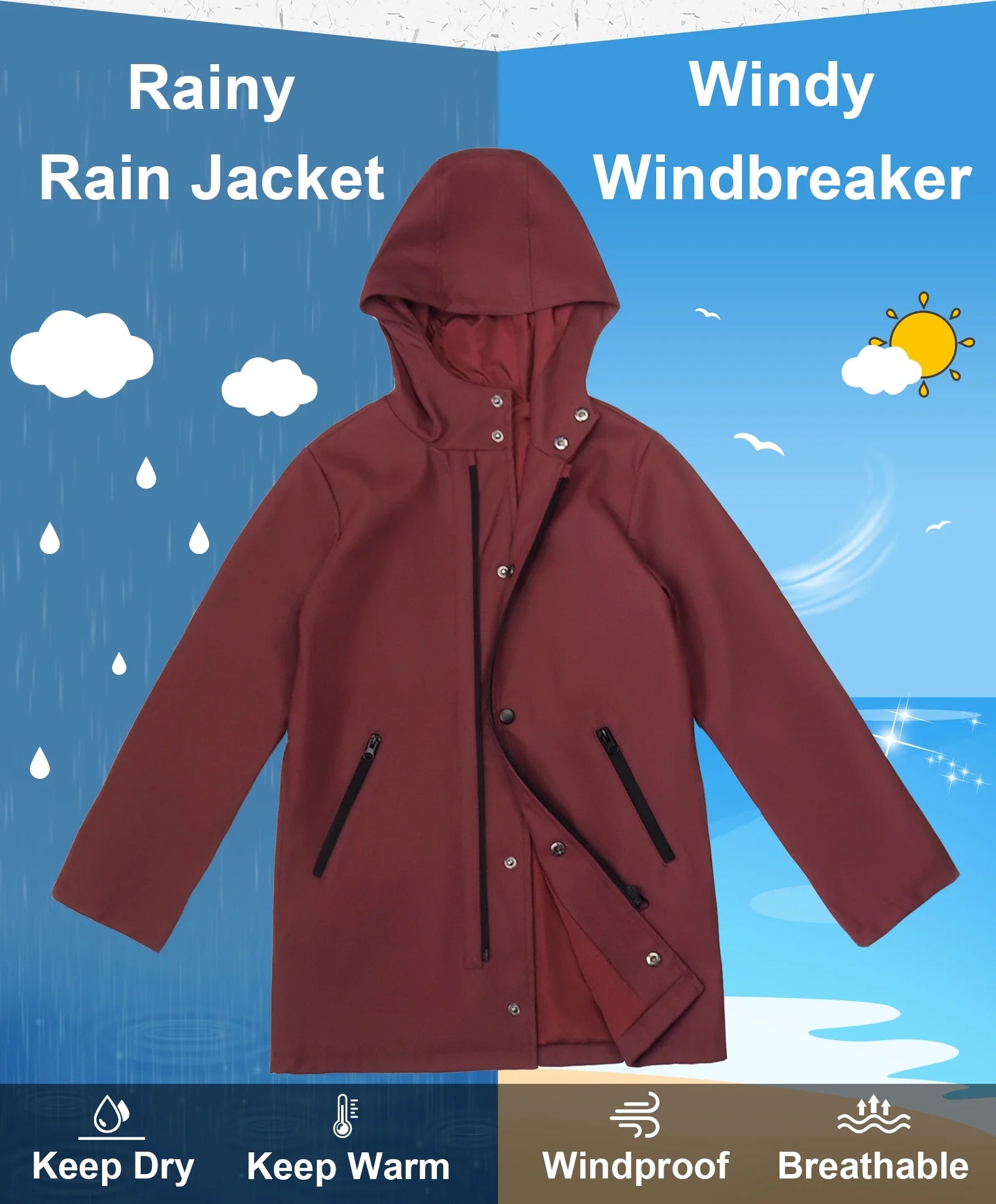 Boys Lightweight Waterproof Hooded Cotton Lined Rain Jacket T372655