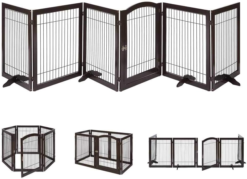 6 Panels Extra Wide Freestanding Walk Through Dog Gate with 4 Support Feet Pet Playpen P412285