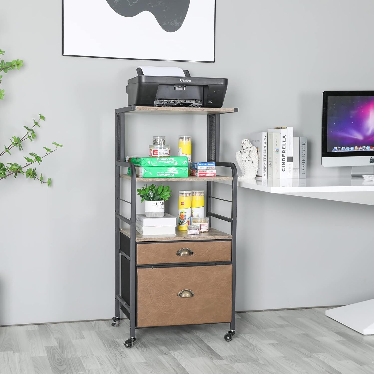 Mobile Printer Stand with File Cabinet, 3 Tier Rolling Cart with 2 Drawers E166