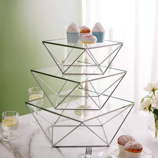 Silver and Clear Metal with Glass Geometric Cake Stands I31649