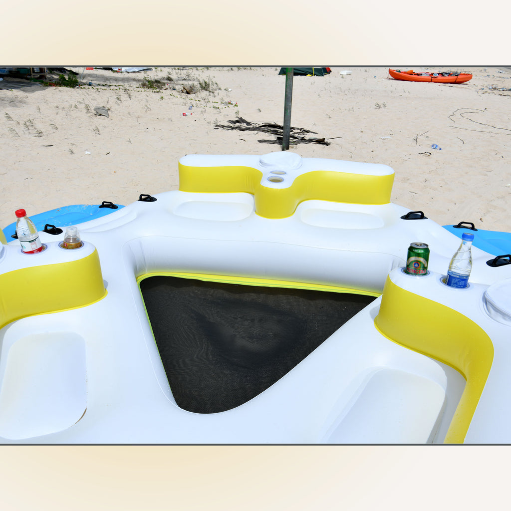 Inflatable Floating Island Lounge Raft with Cup Holders and Coolers - 6 Person Z743