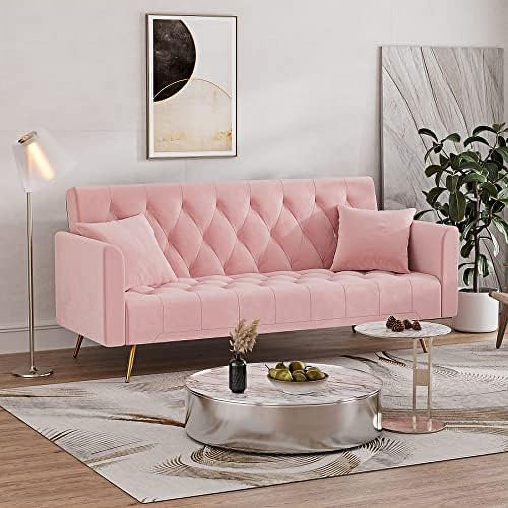 Beige Velvet Futon Sofa Bed with 2 Pillows P66280