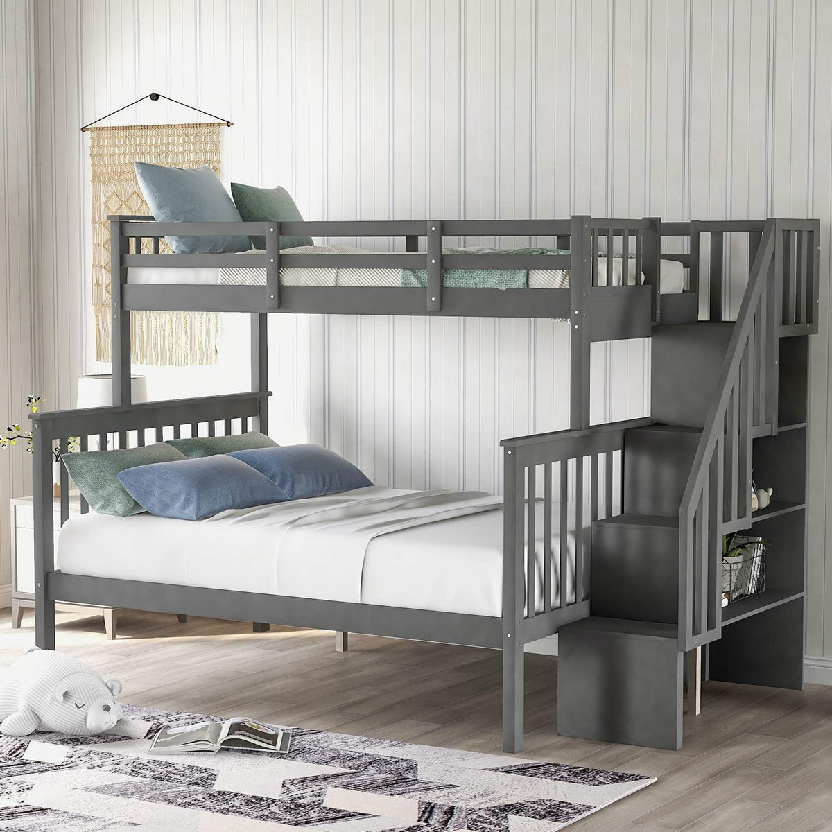 Twin Size White Loft Bed with Desk and Staircase Storage Q893763