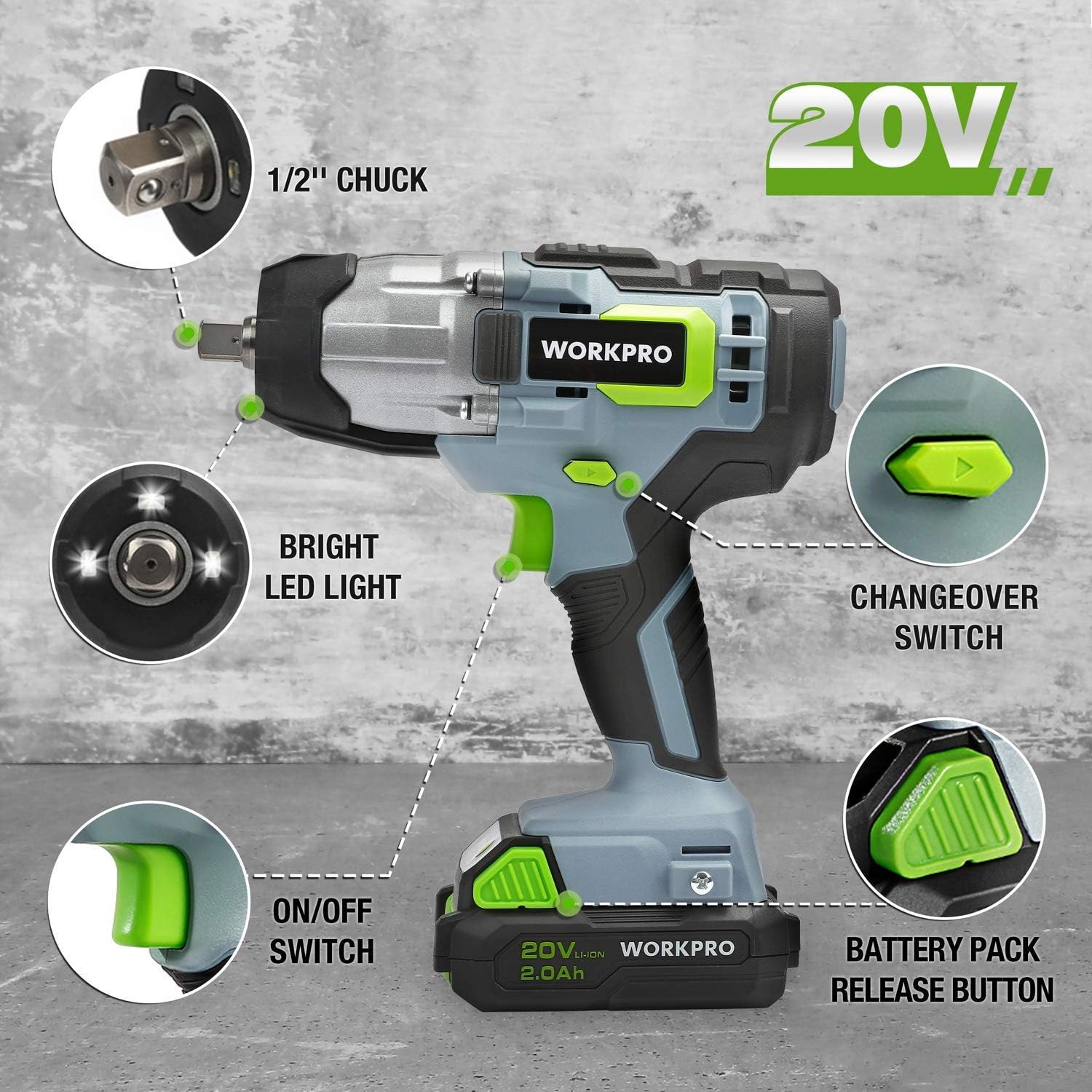 20V Cordless Impact Wrench, 1/2-inch, 320 Ft Pounds Max Torque, 2.0Ah Li-ion Battery with Fast Charger, Belt Clip W880463