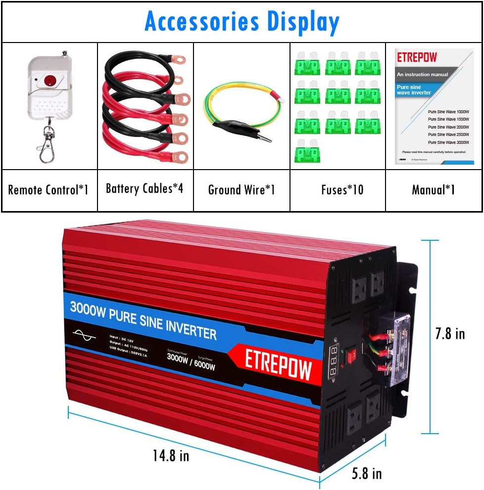 3000 Watt Pure Sine Wave Power Inverter 12V DC to 110V AC C421