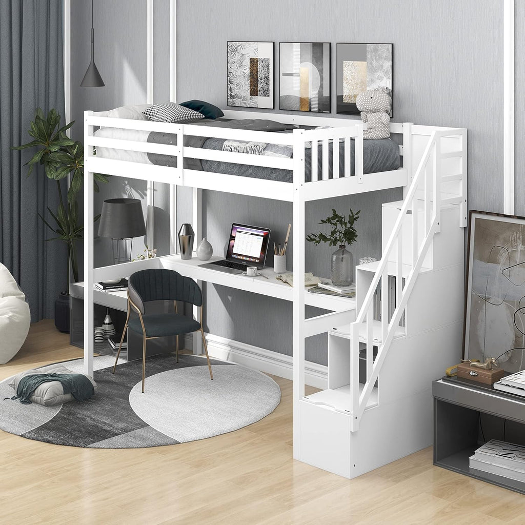 Twin Size White Loft Bed with Desk and Staircase Storage Q893763