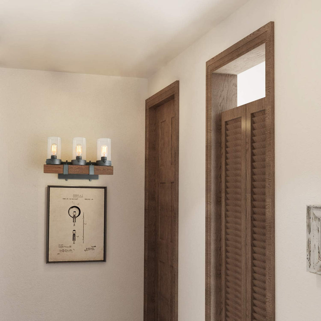 Farmhouse Rustic Bathroom Vanity Light, Wall Light Fixture 3 Lights in Wood and Cylindrical Bubbled Glass S636