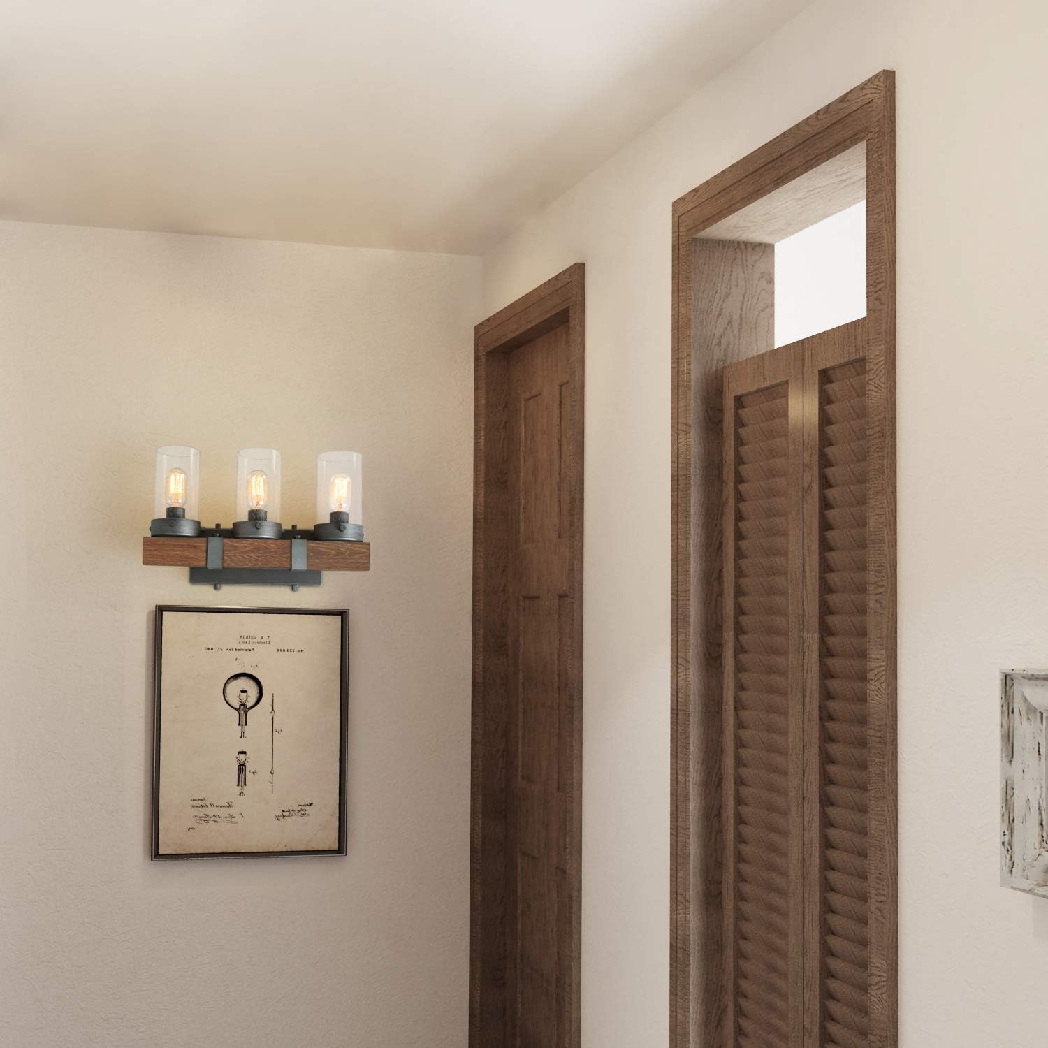 Farmhouse Rustic Bathroom Vanity Light, Wall Light Fixture 3 Lights in Wood and Cylindrical Bubbled Glass S636