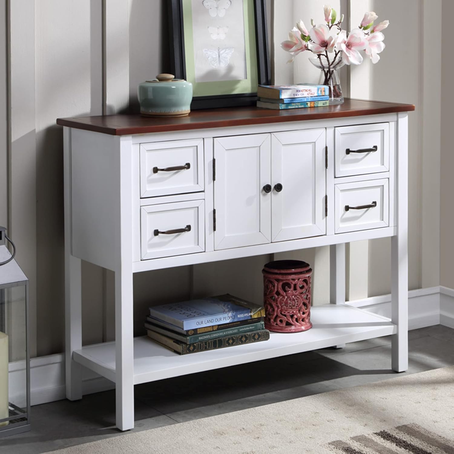 Green Console Table Buffet Sideboard with Storage Drawers Cabinets and Bottom Shelf D604154