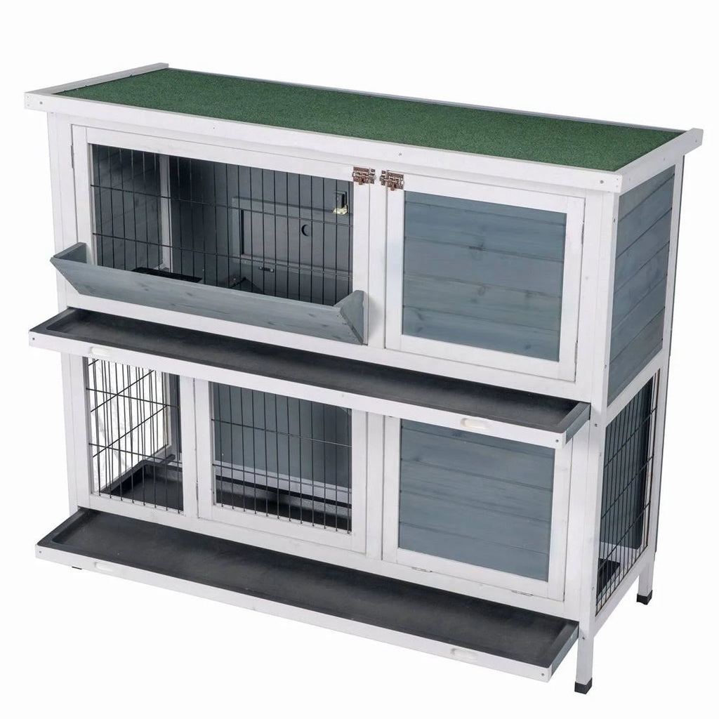 Two Floors Wooden Bunny Hutch Rabbit Cage with Feeding Trough Y818074